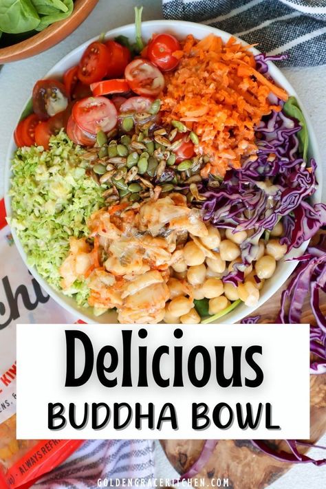 This delicious Buddha Bowl will satisfy any healthy eater and can be made vegetarian or vegan. With all of the beautiful colors, you'll definitely want to take a picture before you dive in! Family Breakfast Recipes, Quick Lunch Recipes, Vegan Buddha Bowl, Comfort Casseroles, Buddha Bowl, Yummy Lunches, Take A Picture, Family Recipes, Bowls Recipe