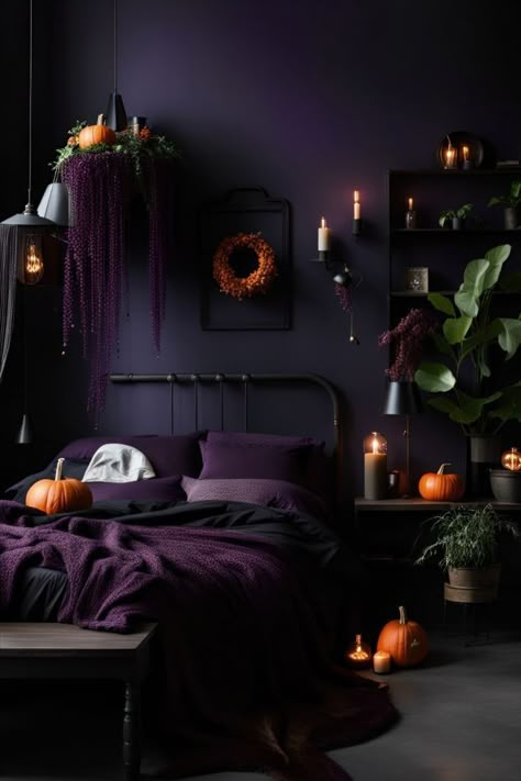 Gothic Chic Bedroom, Dark Purple Bedroom Aesthetic, Spooky Room Ideas, Dark Purple Bedroom Walls, Dark Purple Bedroom, Purple Bedroom Walls, Spooky Bedroom, October Photography, Halloween Bedroom Decor