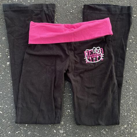 y2k hello kitty lowrise fold over flared leggings... - Depop Pink Foldover Leggings 2000s, Pink Fold Over Leggings Y2k, Y2k Fold Over Leggings, Foldover Leggings Y2k, Fold Over Leggings Outfit Y2k, Fold Over Shorts, Fold Over Leggings Outfit, 2000s Leggings, Flare Sweatpants Outfit