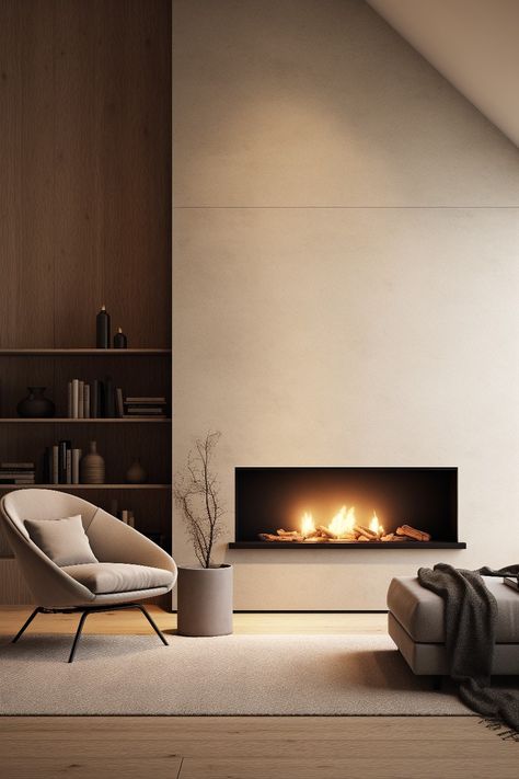 This fireplace is perfect for anyone who appreciates simple minimalistic design. The plain white fireplace has a stylish rectangular opening. The wooden floor is simple and natural with a light tone. A thick carpet ties the soft grey chair and footrest together. The darker wooden bookshelf is integrated to the wall. A concrete plant pot with a dry branch create a modern brutalist detail. The cozy blanket makes you want to snuggle in front of the fireplace. Minimalistic Fireplace, Boho Villa, Minimal Fireplace, Scandinavian Fireplace, Concrete Plant Pots, Wooden Bookshelf, Fireplace Shelves, Dry Branch, Fireplace Room