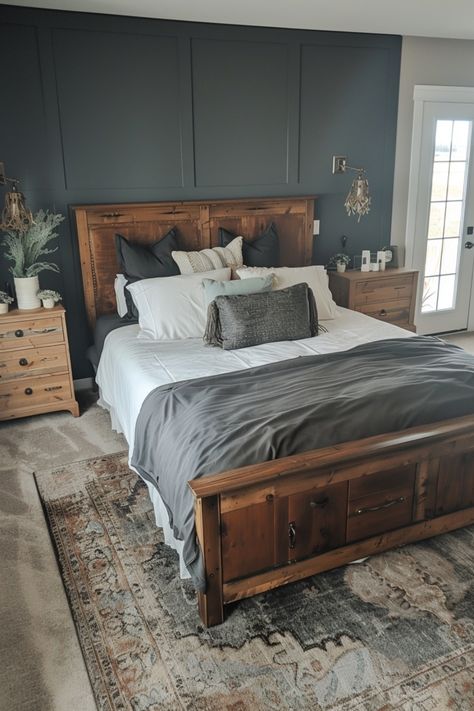 Farmhouse bedrooms blend comfort and rustic elegance with soft color schemes, natural textures, and vintage accents. Click for more inspiration. Dark Farmhouse Bedroom, Wood Wall Bedroom, Bedroom With Tufted Headboard, Dark Farmhouse, White Iron Beds, Coastal Farmhouse Bedroom, Wood Walls Bedroom, Vintage Farmhouse Bedroom, Reclaimed Wood Bed Frame