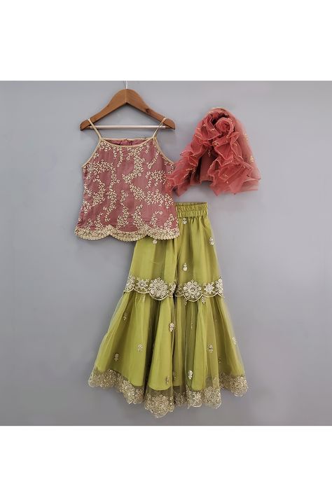 https://www.stylemylo.com/products/rose-pink-golden-embroidered-kurta-with-olive-green-sharara-and-dupatta Green Sharara, Kids Ethnic Wear, Kids Dress Collection, Kids Lehenga, Kids Dress Wear, Girl Dress Patterns, Kids Designer Dresses