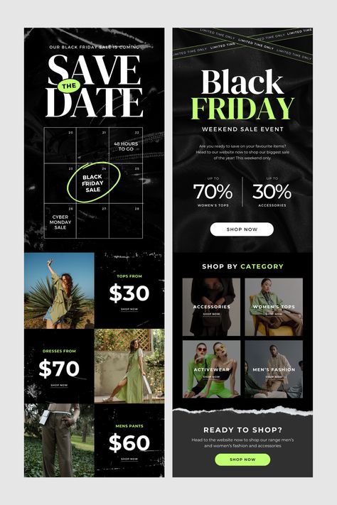 Click the link to discover a treasure trove of creative templates that will captivate your audience and drive engagement. Whether you're launching a new product or sharing updates, our stylish designs are crafted to make your messages stand out. Don't wait—transform your email campaigns and see the results for yourself! 😀😄🤔 Black Friday Fashion Campaign, Black Friday Web Design, Black Friday Email Design Inspiration, Eblast Design Email Campaign, Edm Email Design, Holiday Email Marketing, Fashion Email Design Inspiration, Email Promotion Design, Black Friday Campaign Design