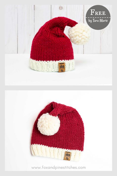 Santa Cap Christmas Hat Free Knitting Pattern Knit Santa Hat Pattern, Kids Christmas Hats, Knit Objects, Baby Crochet Hats, Kids Santa Hat, Christmas Scarves, Baby Christmas Hat, Crochet Baby Hats Free Pattern, Hat Free Knitting Pattern