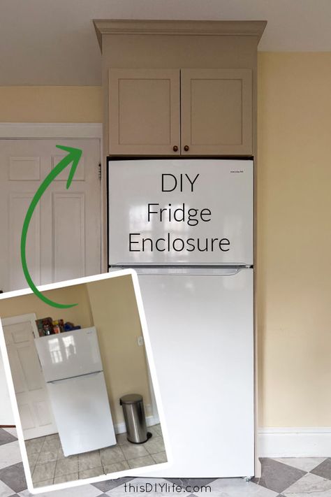 You can make your kitchen chic and organized, without breaking the bank, with a DIY refrigerator enclosure. Our easy-to-follow tutorial walks you through building a custom surround for your fridge on a very cheap budget. This upgraded, over-the-fridge cabinet cost us less than $200 to build! Cabinet Surround Refrigerator, Over Fridge Cabinet Ideas Diy, Vintage Refrigerator Repurposed, Diy Cabinet Over Fridge, Add Cabinet Above Fridge, Over The Fridge Storage Diy, What To Store Above Fridge, Refrigerator Cabinet Surround Diy, Diy Above Fridge Cabinet