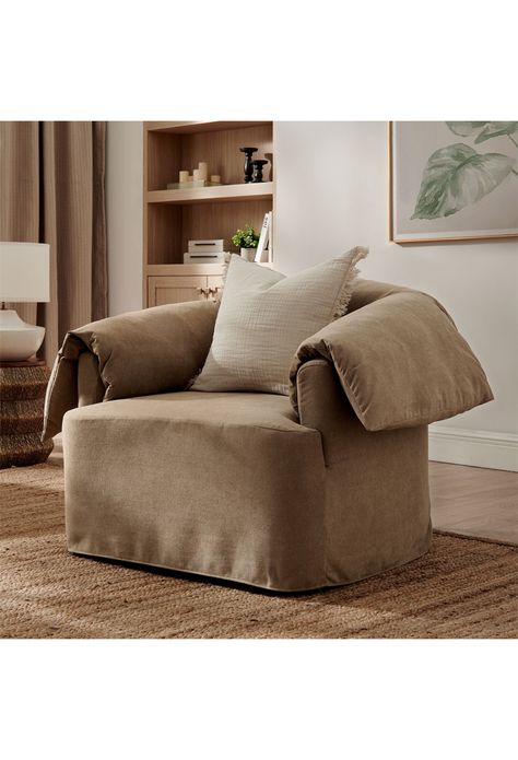 The Euphoria Fabric Armchair in luxurious linen brings modern elegance and unparalleled comfort to any space. With an inviting oversized design, plush cushions, and a tailored silhouette, this lounge chair is perfect for relaxing, reading, or lounging. Easy to maintain with removable slipcover and cushion covers. Versatile and stylish! Slipcovered Armchair Linen-Blend Fabric Upholstery Down Blend Cushions Spring Support Rubberwood Legs With Floor Glides 37.5"l x 42.5"w x 30.5"h Oversized Accent Chair, Chair Silhouette, Oversized Armchair, Relaxing Reading, Reading Chair, Modern Lounge Chairs, Modern Lounge, Tailored Design, Barrel Chair