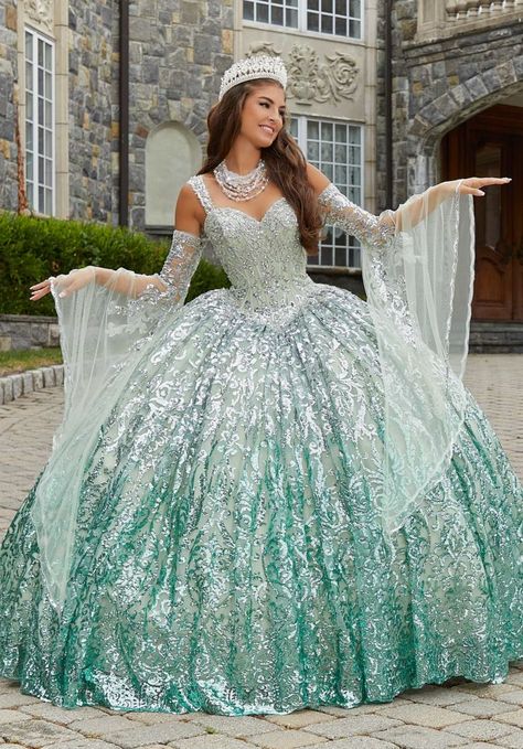 Ombré Patterned Sequin Quinceañera Dress Moda 2000 Quinceanera Dresses, Beautiful Ballgown, Quince Dress, Princess Sleeves, Dresses Quinceanera, Sequin Appliques, Ball Gown Skirt, Corset Lace, Pageant Dress