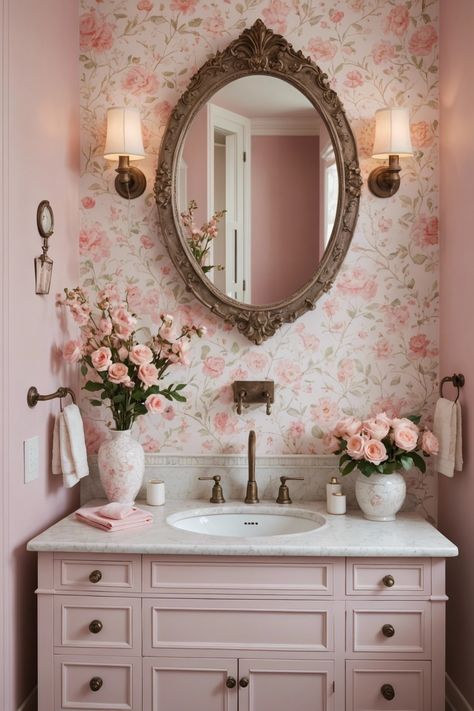 20 Adorable Pink Bathroom Decor Ideas – ToolzView Bathroom Inspo With Wallpaper, Vintage Pink Powder Room, Gray Bathroom With Pink Accents, Light Pink Half Bath, Pink And Wood Bathroom, Girly Pink Bathroom, Wc Design Ideas, Cute Guest Bathroom, Pink Wc