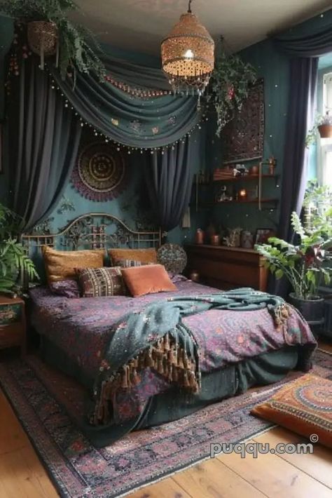 Dark Boho Bedroom Aesthetic, Witchy Bedrooms, Boho Witchy Bedroom, Scandinavian Bedroom Decor, Dark Bohemian, Whimsical Bedroom, Boho Bedroom Design, Purple Bedrooms, Bohemian Room