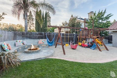 Sand Play Area For Kids Backyard, Economical Backyard Ideas, Playset And Fire Pit, Dream Backyard Layout, Backyard Flip Diy, Backyard Ideas With Playground, Backyard Layout With Pool And Playground, Big Family Backyard, Patio And Play Area Backyard Ideas