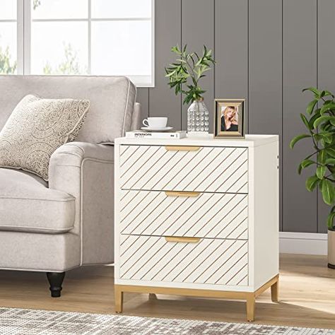 White And Gold Nightstand, Gold Nightstand, Brown Nightstands, Wide Chest Of Drawers, Style Nightstand, Side Table With Drawer, 3 Drawer Nightstand, Sofa Side Table, Multifunctional Furniture