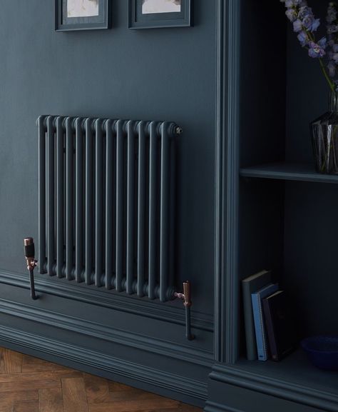 Radiator Same Colour As Wall, Radiator Ideas, Dark Radiators, Blue Radiator, Colour Radiators, Coloured Vertical Radiators, Painted Radiator, Diy Wallpaper, Painting Wallpaper