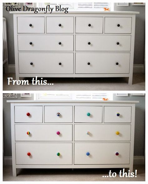 The Olive Dragonfly: Hemnes chest of drawers - transformation with painted knobs Rainbow Chest Of Drawers, Hemnes Drawers, Hemnes Chest Of Drawers, Upcycled Chest Of Drawers, Hemnes Dresser, Rose Bedroom, Baby Playroom, Autumn Rose, Kids Closet Organization