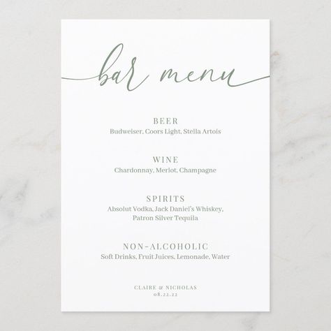 Elegant Sage Green Wedding Bar Menu

Modern, minimalist wedding bar sign in sage green & white. Easy-to-edit template with elegant script & serif fonts.  Personalize with your drink menu! #weddingbarmenu #sagegreenwedding #weddingsigns #weddingdecor #barmenutemplate #elegantwedding Best Wedding Fonts, Fonts For Invitations, Patron Silver Tequila, Wedding Drink Menu, Wedding Bar Menu Sign, Patron Silver, Modern Elegant Wedding, Bar Menu Wedding, Elegant Script Fonts