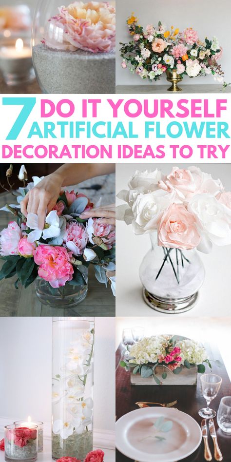 Beautiful DIY Artificial Flower Decoration Ideas for your home. Learn how to make simple bridal bouquets for a wedding, wall art for home decor and wreaths for front doors using silk flowers and artificial flowers. These great ideas for artificial flowers for home decorations will change the look of your home on a budget! #silkflowers #diyhomedecor #diyhomedecoronabudget #flowerdecor #flowerdecorations Fake Flower Centerpieces, Flower Decoration Ideas, Artificial Decoration, Do It Yourself Decoration, Artificial Flowers Decor, Fake Flower Arrangements, Diy Bridal Bouquet, Simple Wedding Flowers, Artificial Floral Arrangements