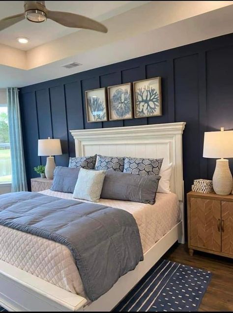 Welcome To Our Nest, Masters Bedroom, Feature Wall Bedroom, Blue Accent Walls, Blue Bedroom Decor, Accent Wall Bedroom, Style Deco, Boys Bedroom, Blue Bedroom