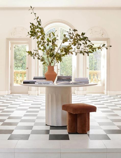 Sarah Sherman Samuel Velvet Clover Foot Stool Entrance Round Table, Entry Flooring Ideas, Foyer Area Design Entrance, Foyer Area Design, Entry Flooring, Round Foyer Table, Round Entry Table, White Round Table, White Round Dining Table