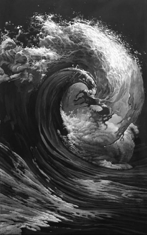 Tsunami Painting, Water Black And White, Power Painting, Black Waves, Waves Painting, Grey Interiors, Painting Black And White, Waves Art, Tempera Painting