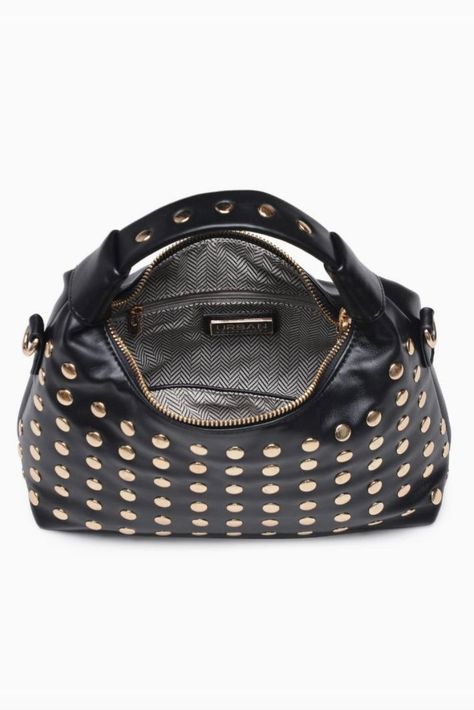 Add a touch of attitude to your wardrobe with this studded crossbody handbag. Made from soft vegan leather, it features a convenient zip top closure and multiple pockets for all your essentials. Perfect for everyday use, this bag adds a playful edge to any outfit. Measures 10.75" x 3.5" x 8.5" Random Accessories, Dream Bags, Studded Purse, Studded Bag, Dream Style, Pretty Bags, Black Cross Body Bag, Fall 2024, Christmas Wishlist