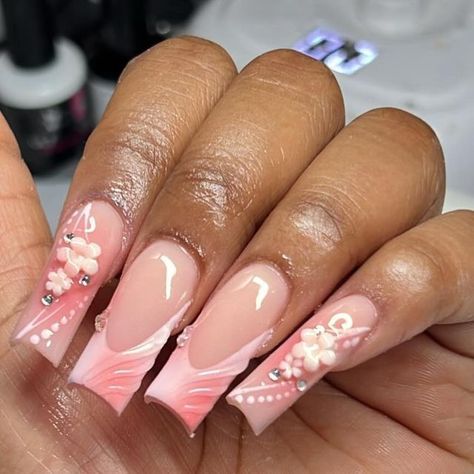 Acrylic Nail Designs 2024, Crete Nails, Nail Designs Pink, Medium Nails, Spring Acrylic Nails, Hard Nails, Drip Nails, Summery Nails, Girly Acrylic Nails