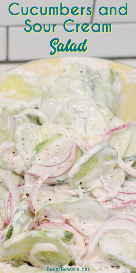 Cucumbers and sour cream salad is a creamy cucumber salad that is tangy with a hint of spice from the combination of cucumbers, onions, sour cream, hot sauce, dill weed, and vinegar. The absolute best cucumber salad recipe! Cucumber And Sour Cream, Cucumbers And Sour Cream, Cucumber Salad Sour Cream, Sour Cream Salad, Creamed Cucumber Salad, Cucumber Dip Recipe, Salad With Sour Cream, Creamy Cucumber Tomato Salad, Salad With Fresh Herbs