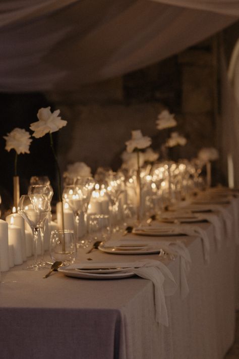 Otherworldly Decadence - Wedding Reception Inspiration - The Lane Textured Table Linen Wedding, Wedding Long Tablescape, Wedding Reception 2023, Classy Table Settings Wedding, Oatmeal Table Cloth Wedding, Ethereal Wedding Tablescape, Flower Less Wedding, Wedding Florals And Candles, Romantic Wedding Design