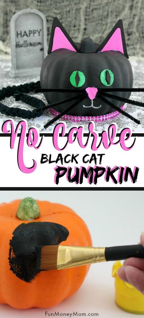 Black Cat Pumpkin - If you love decorating pumpkins, this no carve pumpkin is super easy and so cute. The kids will love making this Halloween pumpkin and it's the perfect holiday craft for Halloween. #blackcatpumpkin #halloweenpumpkin #halloween #nocarvepumpkin #pumpkindecorating #pumpkincraft #halloweencraft #craftsforkids Easy Pumpkin Decorating, Craft For Halloween, Decorating Pumpkins, No Carve Pumpkin, Pumpkin For Halloween, Creative Pumpkin Decorating, No Carve Pumpkin Decorating, Pumpkin Decorating Contest, Black Cat Pumpkin