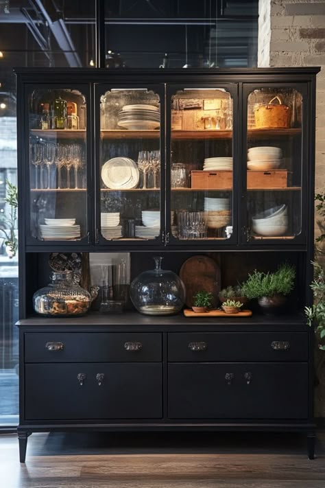 Display cabinet design style rustic and industrial Industrial China Cabinet, China Cabinet As Kitchen Cabinet, Display Cabinet Design Modern, Cabinet For Glassware, Kitchen Vitrine, China Storage Ideas, Kitchen Display Cabinet Ideas, China Cabinet Modern, Kitchen Glass Cabinets Display Ideas