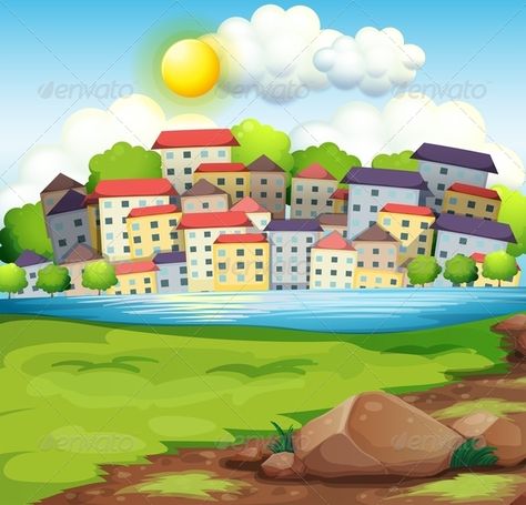 Village by the River River Cartoon, Kids Village, Town Drawing, Business Cartoons, Hotel House, Drawing Aesthetic, Blue Building, Cartoon Clouds, The Nile