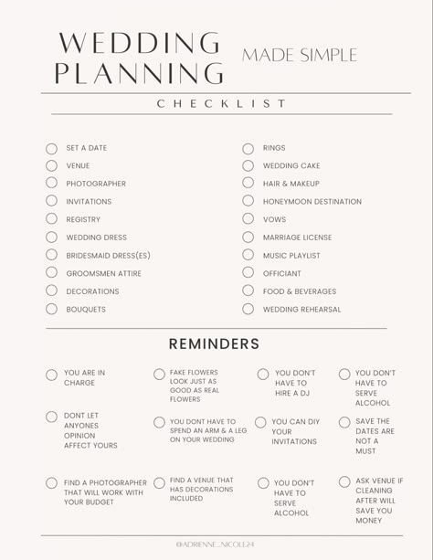 Are you planning a wedding but its stressing you out? Try this simple wedding planner. Wedding Planning Sheets, Planning Wedding Timeline, Marriage Planning Checklist, Planning A Cheap Wedding, 5 Month Wedding Checklist, Wedding Planner Layout, Wedding Ideas On A Budget Spring, Diy Wedding List To Do, Wedding Planning For Beginners