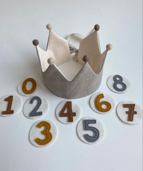 Birthday Crowns For Kids, Diy Birthday Crown, Baby Birthday Crown, Crown Kids, Neutral Birthday, Crown For Kids, Felt Crown, Birthday Badge, Felt Balls