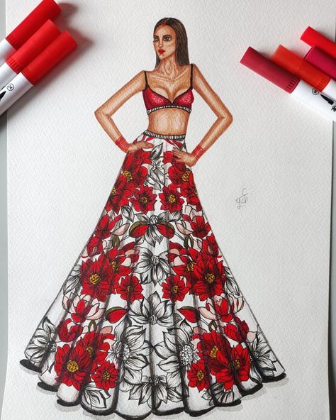 Lehanga Fashion Illustration, Floral Dress Illustration, Denim Fashion Illustration, Dress Illustration Art, Sketches Design, Fashion Illustration Poses, Indian Dresses For Women, Traditional Prints, Fashion Illustration Tutorial