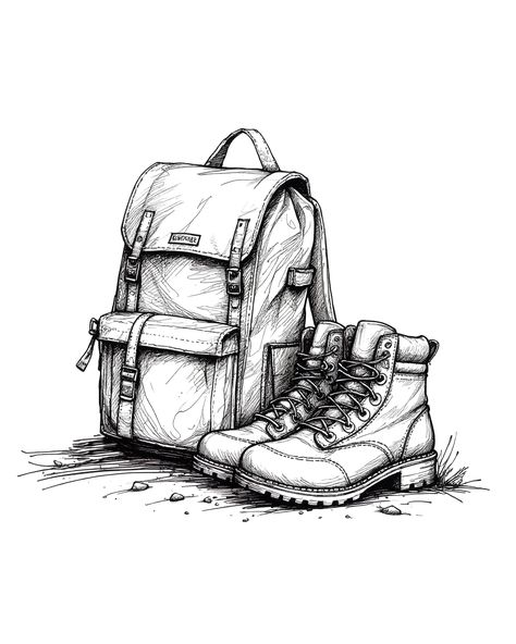 Hiking Boot Tattoo, Hiking Logo Design, Hiking Sketch, Tent Tattoo, Backpack Tattoo, Black And White Ink Art, Ink Art Tattoo, Berg Tattoo, Hiking Logo