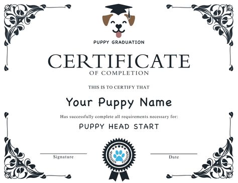 "You'll love this adorable editable puppy graduation certificate! Whether given by a pet training school or pet trainer, pet owners can use this dog graduation certificates to document and show off their smart four-legged baby's accomplishment of working hard through puppy training.  Instantly download and edit this puppy/dog graduation certificate template! You edit it or we'll edit it for you. This editable and printable certificate template is professionally created in blue and white. Buy now Puppy Graduation, Pet Care Printables, Dog Breeding Business, Dog Graduation, Certificate Layout, Easter Pics, Graduation Certificate Template, Graduation Certificate, Puppy School