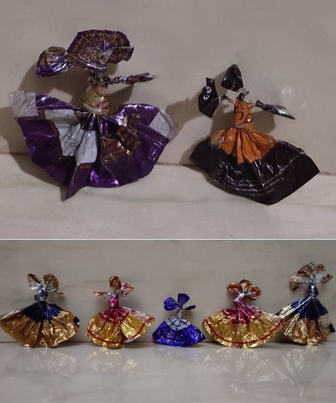 Crafts from Waste | Crafts from Scrap Chocolate Wrapper Craft, Toffee Chocolate, Chocolate Wrapper, Dancing Dolls, Chocolate Wrappers, Chocolate Toffee, Pakistani Dresses Casual, Best Out Of Waste