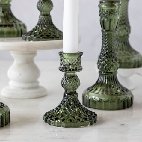 Vintage Green Candlesticks – Hester & Cook Table Candle Centerpieces, Dark Green Table Decor, Wedding Table Decorations Greenery, Simple Green Wedding, Colored Candlesticks Wedding, Vintage Glass Wedding, Green Fall Table Decor, Center Peices, Green Wedding Details