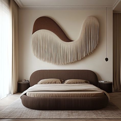 Quiet Luxury Brown: The Rise of Luxury Fringes Fiber Art in California Hotel Design by Belen Senra Bedroom Ideas Macrame, Wall Decor Design Art Ideas, Luxury Interior Bedroom, Over The Bed Wall Decor, Bed Wall Decor, Wooden Sofa Set Designs, Brown Bed, Contemporary Hotel, Modern Luxury Bedroom