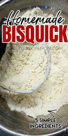 This homemade Bisquick Mix is takes just minutes to mix up and is made with simple everyday ingredients: butter, flour, baking powder, salt and sugar. Plus, it's super inexpensive to make so it will save you money too! #thriftyfrugalmom #homemade #Bisquick #pantrystaples #fromscratch Bisquick Mix Recipe, Homemade Baking Mixes, Homemade Biscuit, Baking Substitutions, Baking Mix Recipes, Homemade Bisquick, Homemade Dry Mixes, Cooking Substitutions, Homemade Pantry