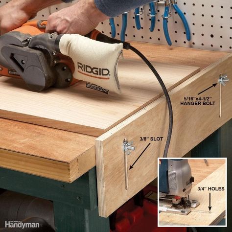 Workbench Top, Hanger Bolts, Diy Workbench, Workbench Plans, Woodworking Workbench, Shop Layout, Woodworking Workshop, Shop Organization, Woodworking Jigs