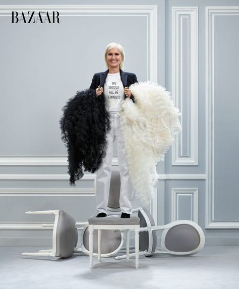 Maria Grazia Chiuri Tells All to Harper's Bazaar https://fashionweekdaily.com/maria-grazia-chiuri-tells-all-to-harpers-bazaar/ Jean Paul Goude, Parisian House, Dior Style, Image Consulting, Find A Husband, Cool Slogans, Dior And I, Black White Outfit, Maria Grazia Chiuri