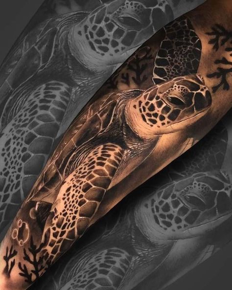 3d Sea Turtle Tattoo, Reef Tattoo Design, Under Water Tattoo Ideas, Tattoo Tortuga, Sea Animals Tattoo, Sea Tattoo Sleeve, Ocean Life Tattoos, Underwater Tattoo, Ocean Sleeve Tattoos