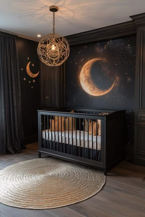 29 Western Gothic Nursery Ideas to Inspire Your Little One's First Sanctuary 6 Magic Theme Nursery, Modern Disney Nursery Ideas, Dark Gender Neutral Nursery, Cosy Nursery Ideas, Painted Crib Ideas, Nursery Ideas Painting, Moon And Stars Themed Nursery, Night Court Nursery, Sun And Moon Themed Nursery