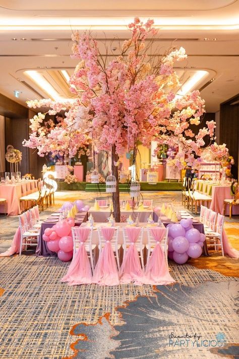 Kara's Party Ideas Birds & Cherry Blossoms 1st Birthday | Kara's Party Ideas Cherry Blossom Sweet 16 Party Ideas, Cherry Blossom Party Treats, Cherry Blossom Candy Table, Cherry Blossom Baby Shower Ideas, Japanese Cherry Blossom Party Decor, Birthday Cake Cherry, Japanese Cherry Blossom Birthday Theme, Bird Birthday Cake, Cherry Blossom Garden