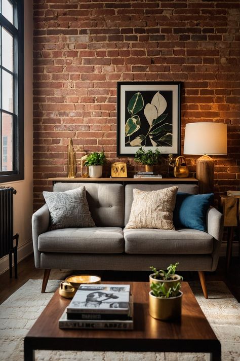 Exposed brick wall living room with a grey mid-century sofa, throw pillows, potted plants, and warm lighting, embodying industrial chic décor. Small Brick Wall Living Room, Living Room Designs Exposed Brick, Exposed Brick Decorating Ideas, Exposed Brick Aesthetic, Brick Wall Decor Ideas Living Room, Brick Accent Wall Living Room, Exposed Brick Walls Living Room, Exposed Brick Wall Decor, Living Room With Exposed Brick