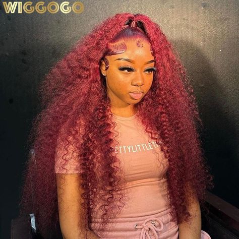 Wiggogo Red Wig 99J Burgundy Lace Front Wig 13X4 Curly Human Hair Wigs Hd Lace Wig 13X6 Human Hair Burgundy Wet And Wavy Wig, Burgundy Lace Front Wig, Frontal Wig Hairstyles, Red Wig, Hd Lace Wig, Human Hair Color, Curly Human Hair Wig, Red Wigs, Burgundy Lace