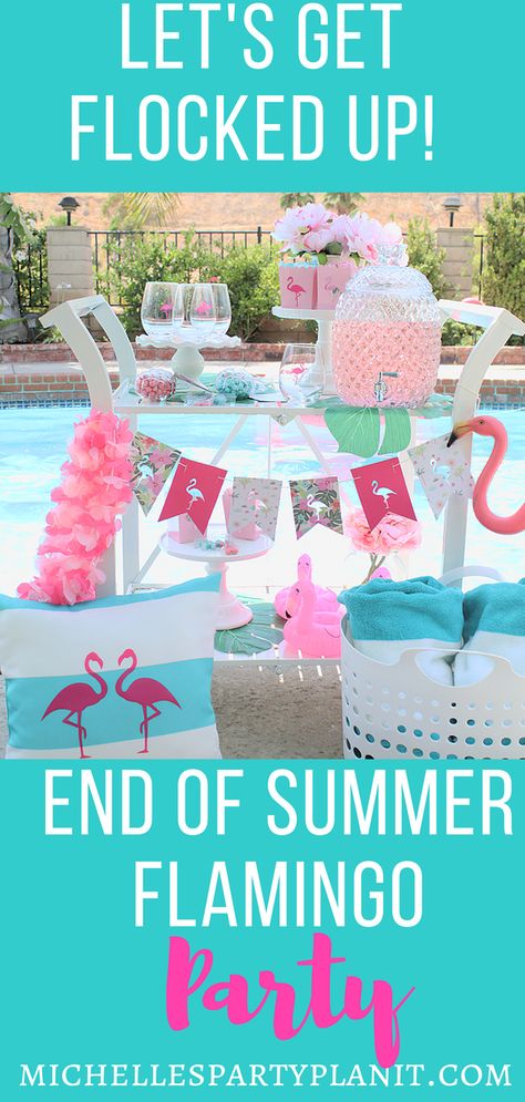 Let's Get Flocked Up Flamingo Party - Great for the end of summer or just to flock together with your besties by the pool! AD #orientaltrading #cricutmade #flamingoparty #summer #flamingos #poolparty Cricut Pool Party Ideas, Ladies Pool Party Ideas, End Of Summer Party Themes, Flamingo Party Ideas, Diy Flamingo, Flamingle Party, Flamingo Party Decor, Pink Flamingo Party, Summer Bash