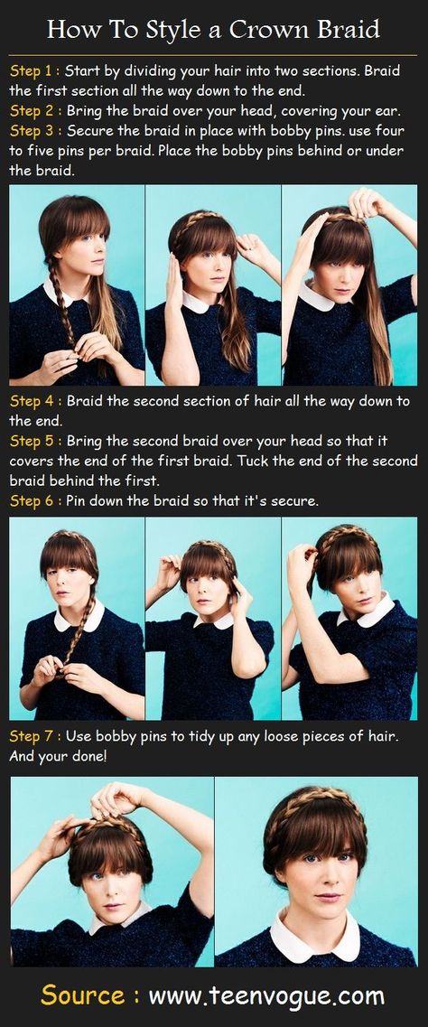 A Crown Braid Braid With Bangs, Crown Braid Tutorial, Braid Beauty, Braid Crown Tutorial, Braid Crown, Braided Crown Hairstyles, Fishtail Braid, Braid Tutorial, Crown Braid