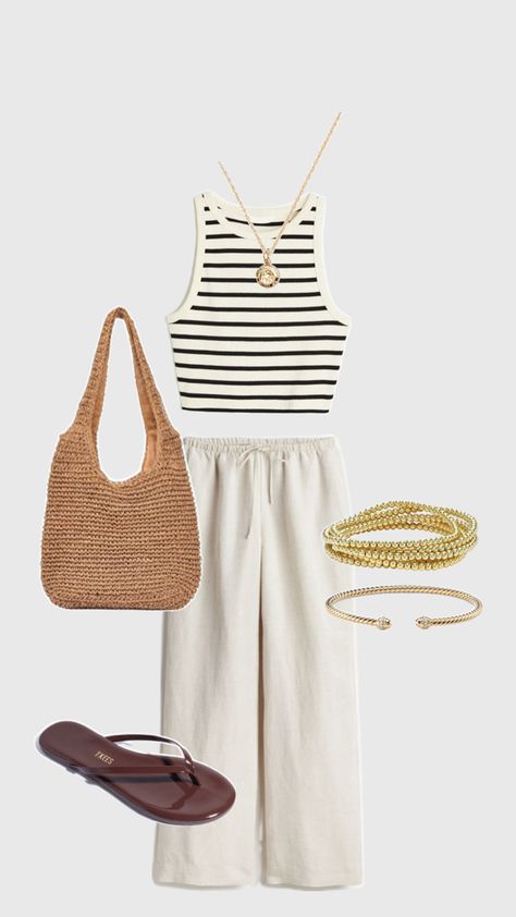 beach town errand outfit, casual dinner outfit, neutral colors, gold jewelry, stripped tank top, linen pants, cream pants, tank top, summer outfit, trendy outfit inspo Beach Town Outfit, Errand Outfit, Cream Pants Outfit, Tank Tops Outfit, Stripped Outfit, Cream Linen Pants, Neutral Color Outfits, Colorful Summer Outfits, Town Outfits