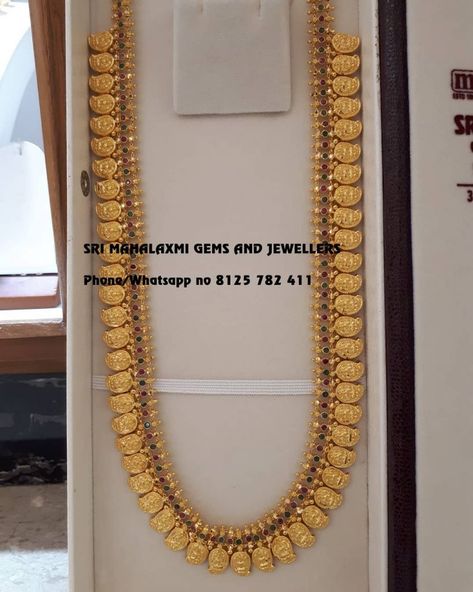 Traditional Design Long Haaram From Sri Mahalakshmi Gems and Jewellers ~ South India Jewels Kasu Maalai Design, Mango Haaram Designs Gold, Sri Mahalakshmi Gems And Jewellers, Long Chains Indian Gold, Gold Long Haram Designs, Long Chain Designs, Emerald Haram, Stone Bangles, Temple Jewelry Necklace