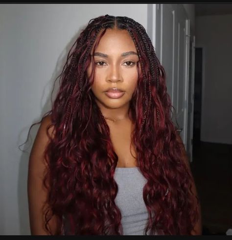 Gogo Curls Braids, Pick And Drop Braids Red, Ombre Hair Color On Black Hair, Burgundy And Black Braids, Red Hair Braids Black Women, Maroon Braids For Black Women, Burgundy Braids With Curls, Dark Red Braids, Red Boho Knotless Braids